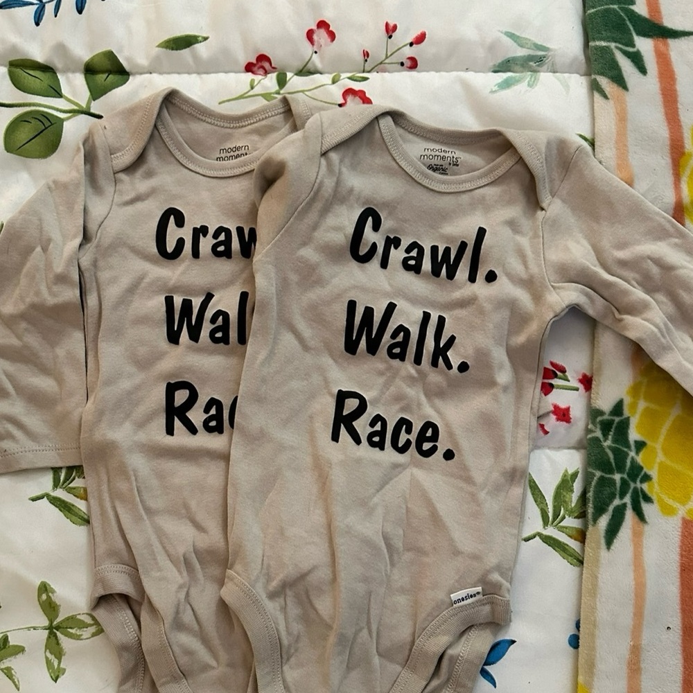 12 month Modern Moments Onesie “crawl walk race” beige long sleeve
